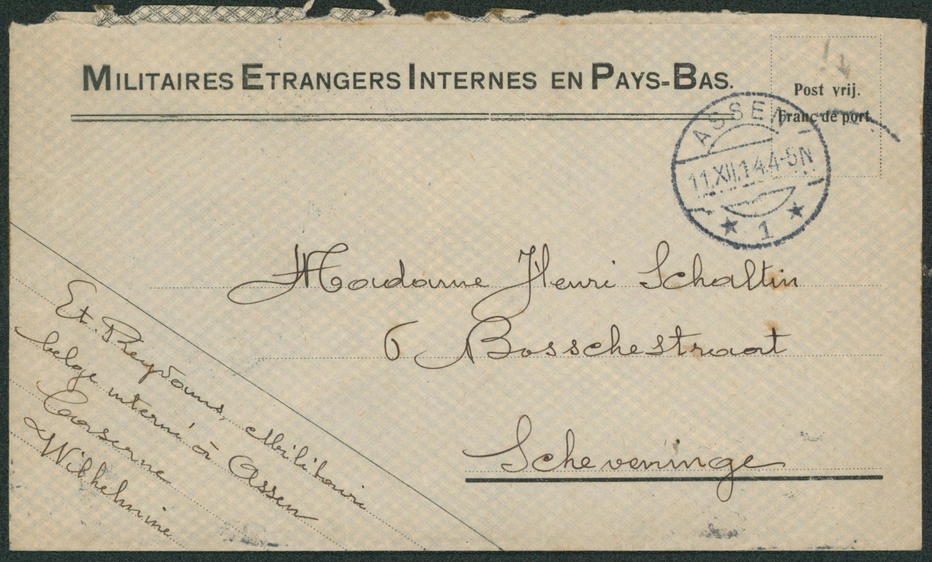 Lettre imprimé "militaires étrangers internés en Pays-basé expédié de Assen (Belge interné) > Scheveninge