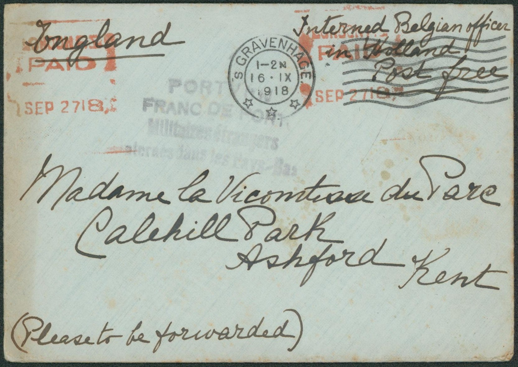 Lettre en franchise (Interné belge aux Pays-Bas) expédié de 'S Gravenhage (1918) > Ashford kent (Angleterre).