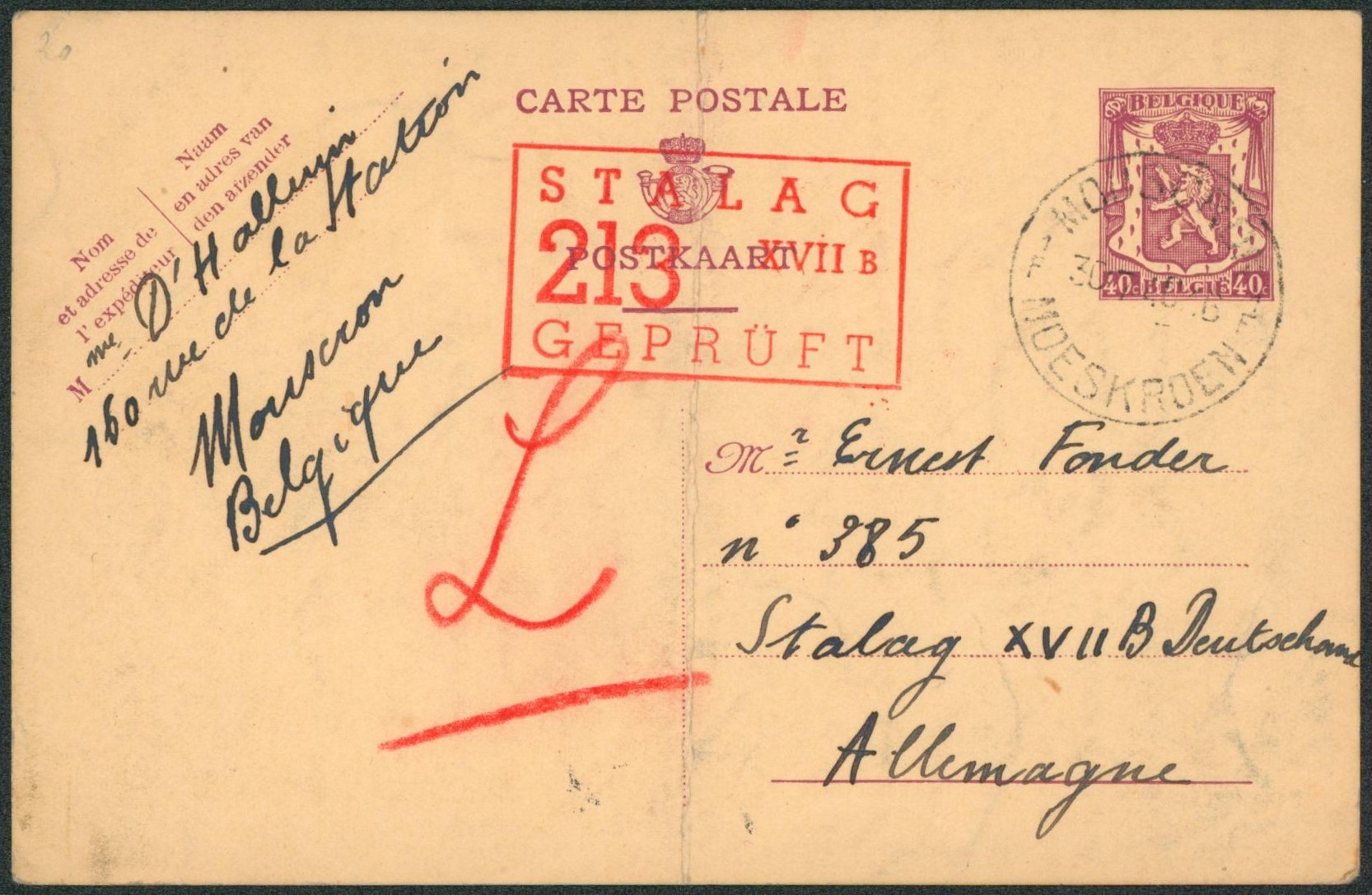EP au type 40ctm petit sceau expédié de Mouscron > Stalag XVII B (Allemagne) + censure du camp. Plié en deux