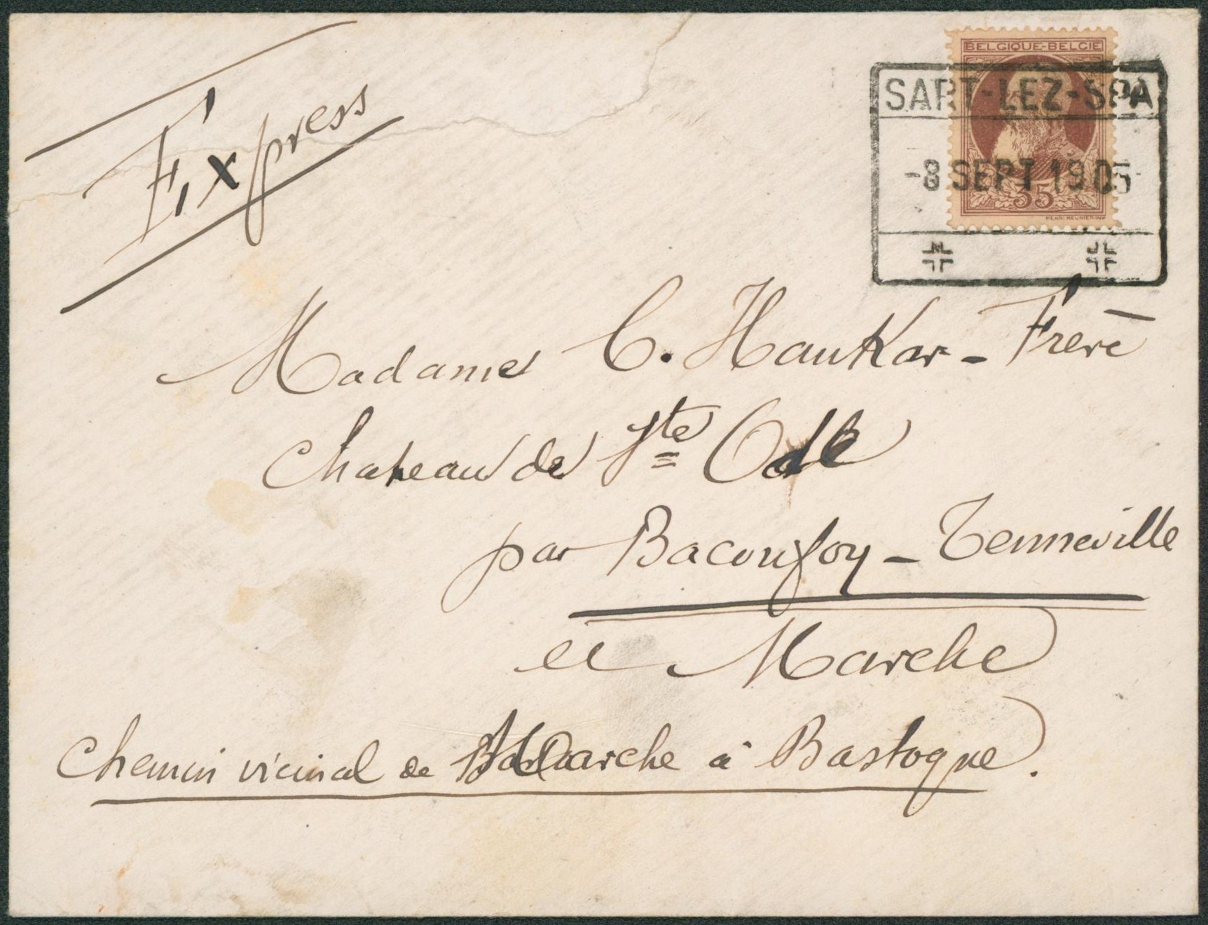 n°77 sur lettre en expres obl chemin de fer SART-LEZ-SPA > Baconfoy-tenneville (Marche).