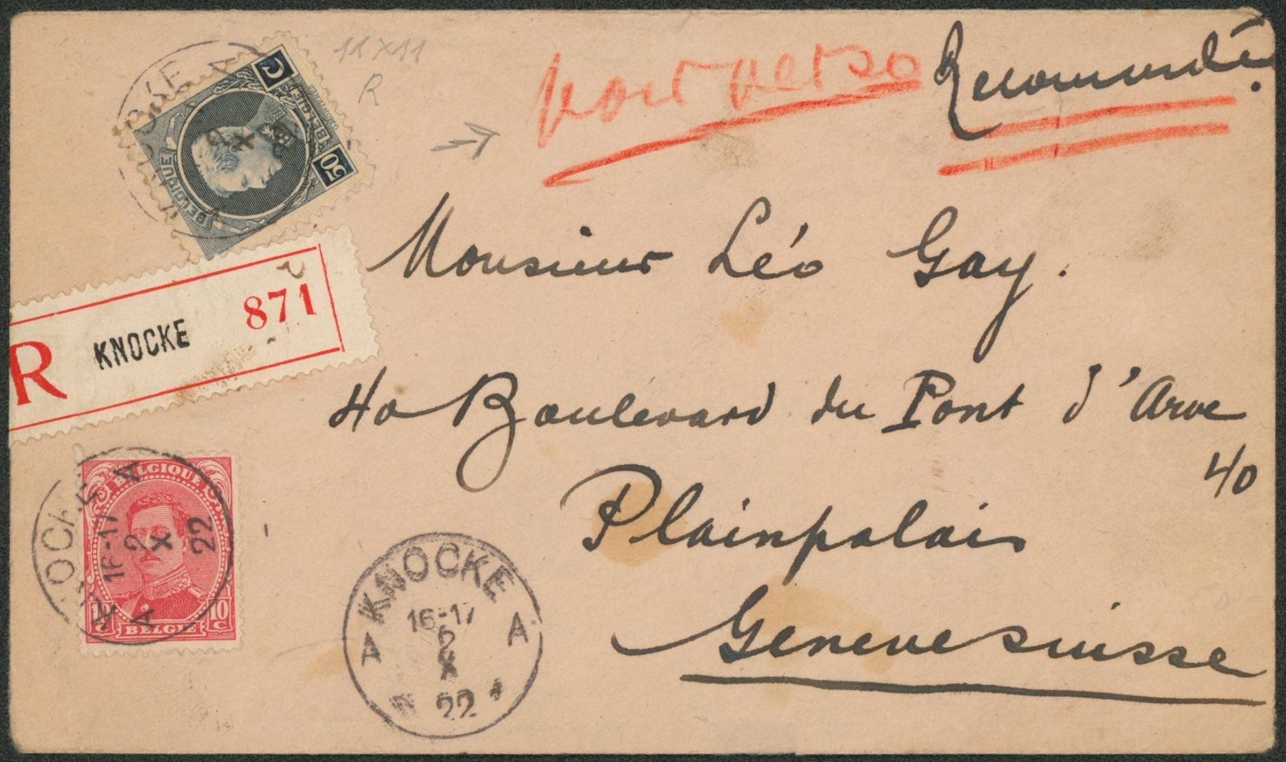 Bel affranchissement mixte (Albert I, Montenez, Houyoux) recto-verso sur lettre en recommandé de Knocke > Genève (Suisse).