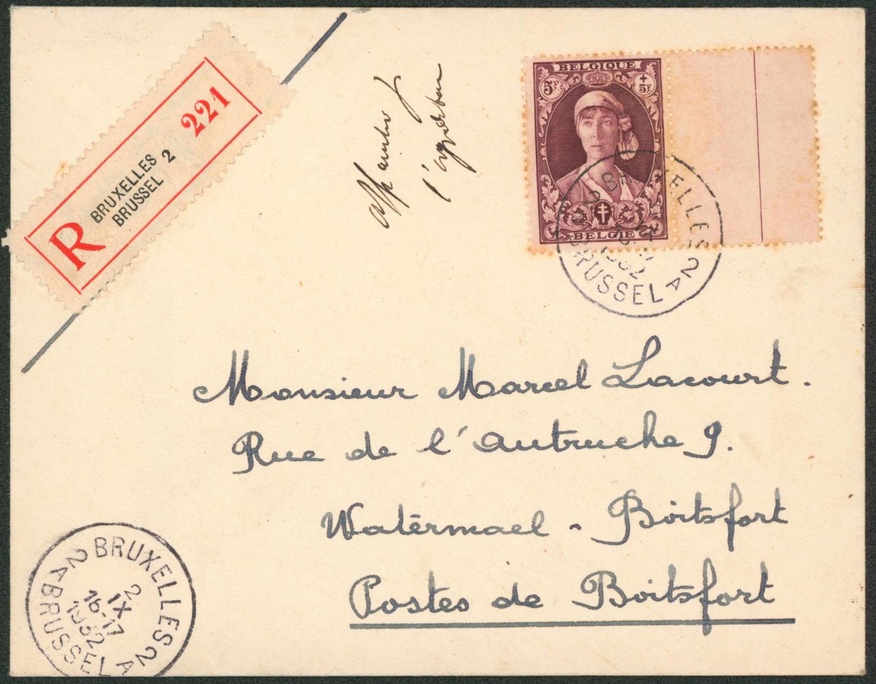 Antituberculeux - n°332 seul sur lettre en recommandé de Bruxelles > Watermael-boitsfort