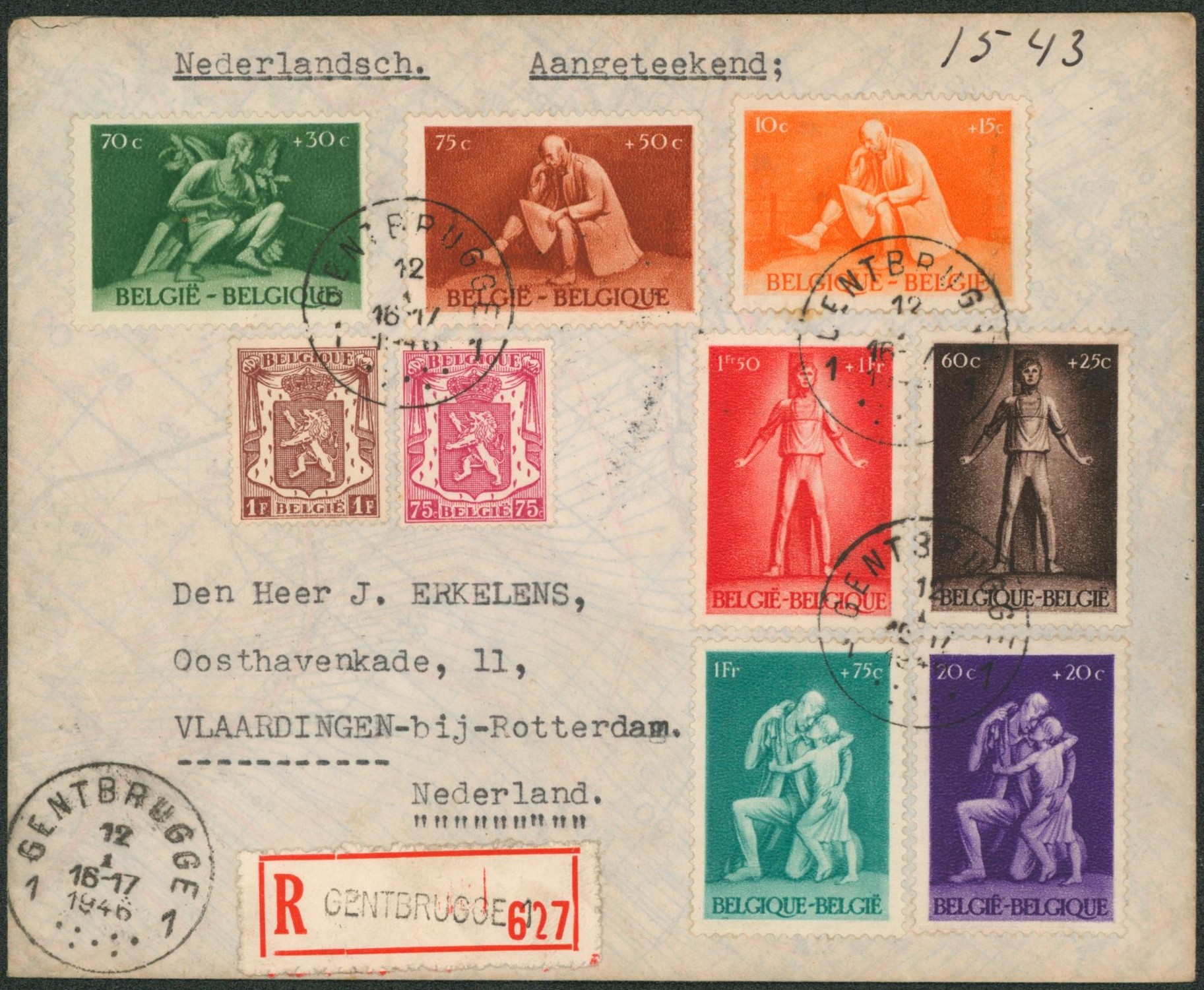 Affranch. Mixte sur lettre en recommandé de Gentbrugge > Vlaardingen bij rotterdam (Nederland) .