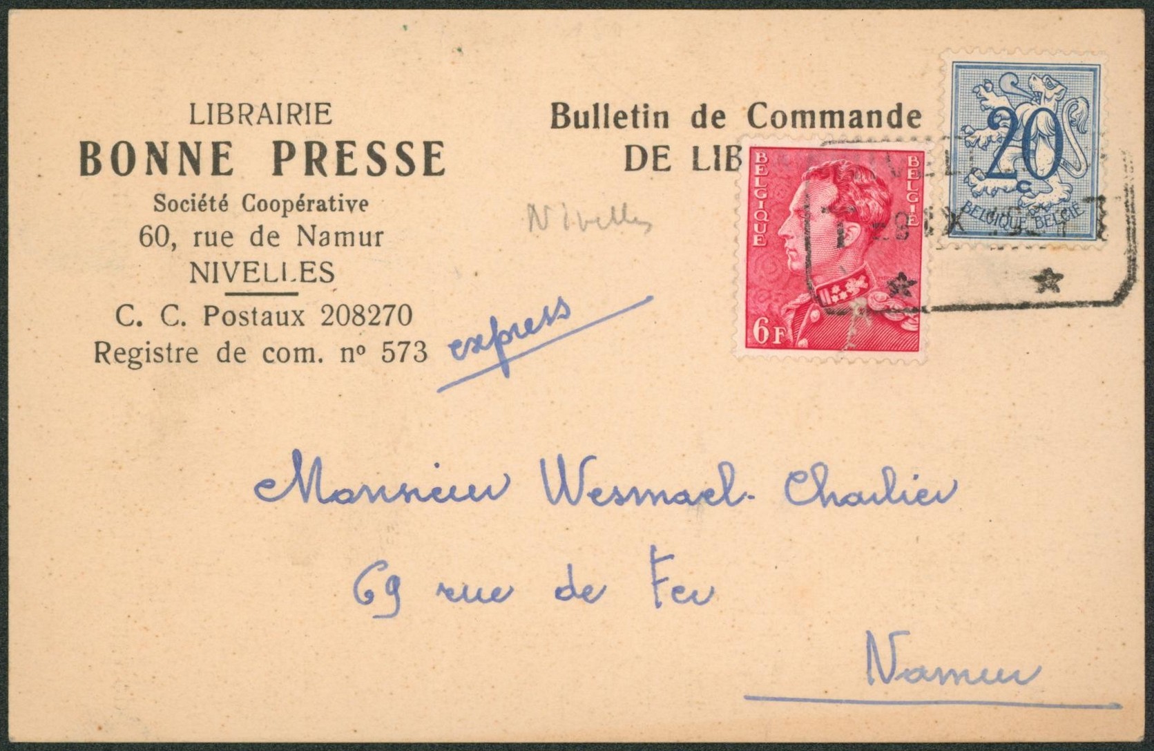Affranch. Mixte (Poortman) sur carte postale imprimée en expres obl télégraphe-téléphone "Nivelles" > Namur.