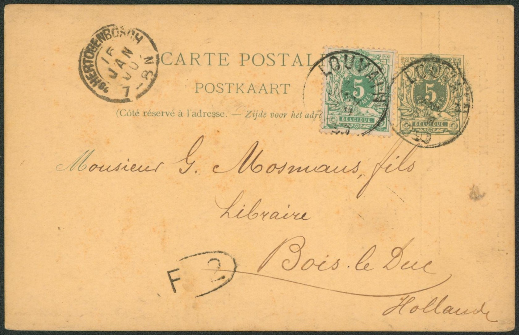 EP au type 5ctm vert + n°45 expédié de Louvain > Bois-le-duc (Hollande). Repiquage Librairie.