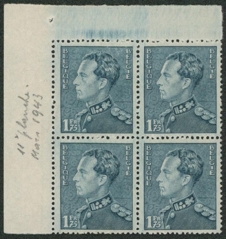 Poortman - n°430b** en bloc de 4 bleu pastel (Mars 1943). Nuance