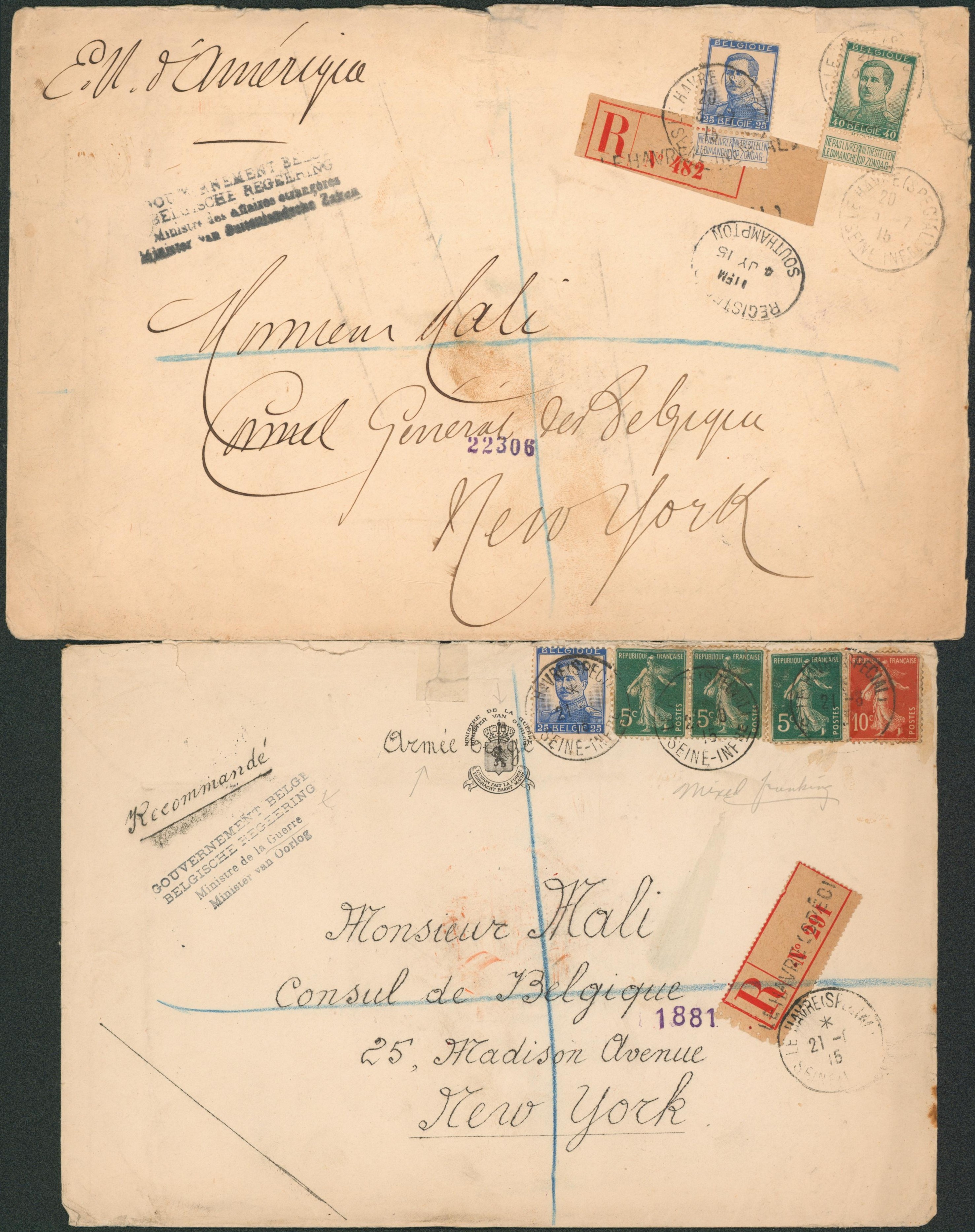 Lot de 3 enveloppes (émission Pellens) en recommandé çàd gouvernement belge > New-York (USA).