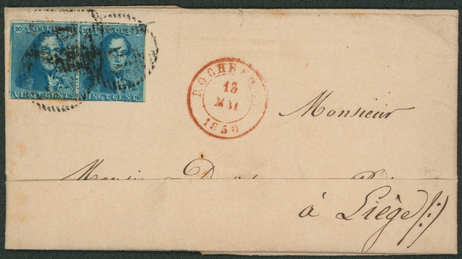 n°2 en paire légèrement touché sur LAC obl P101 çàd rochefort (18/V/1850) > Liège