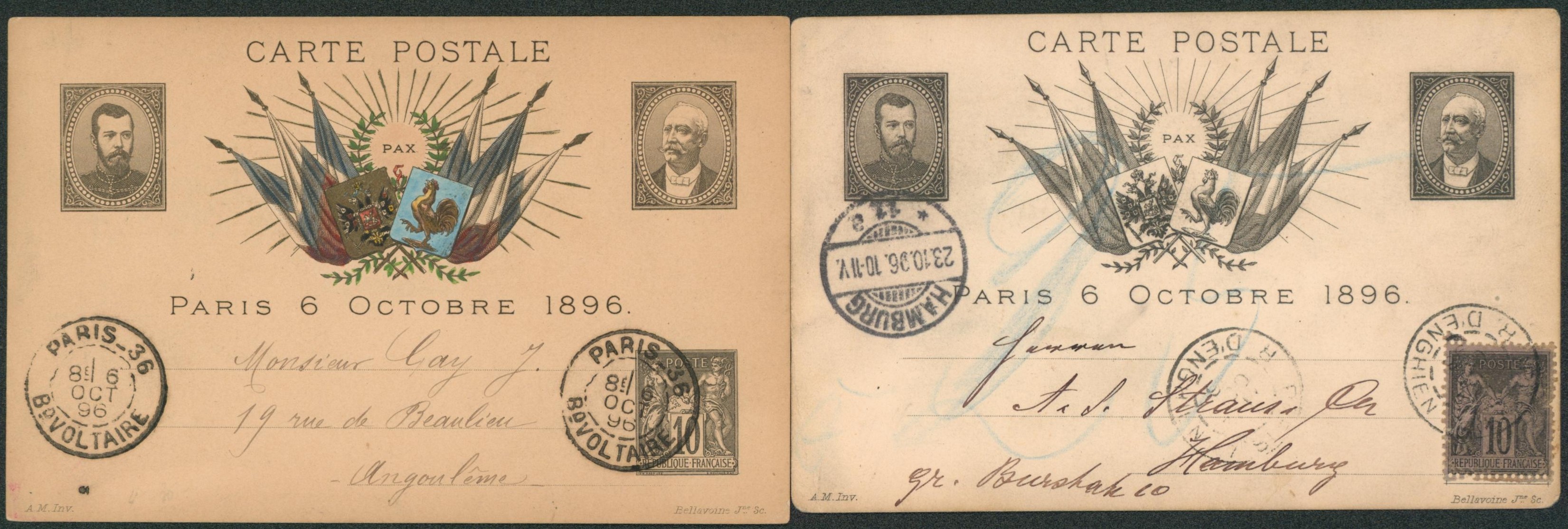 Visite Franco-Russe (Paris 1896 Tsar Nicolas II et Félix Faure) çàd CPA illustrée et entier type 10ctm sage de Paris > Angoulème & Hamburg. TB !