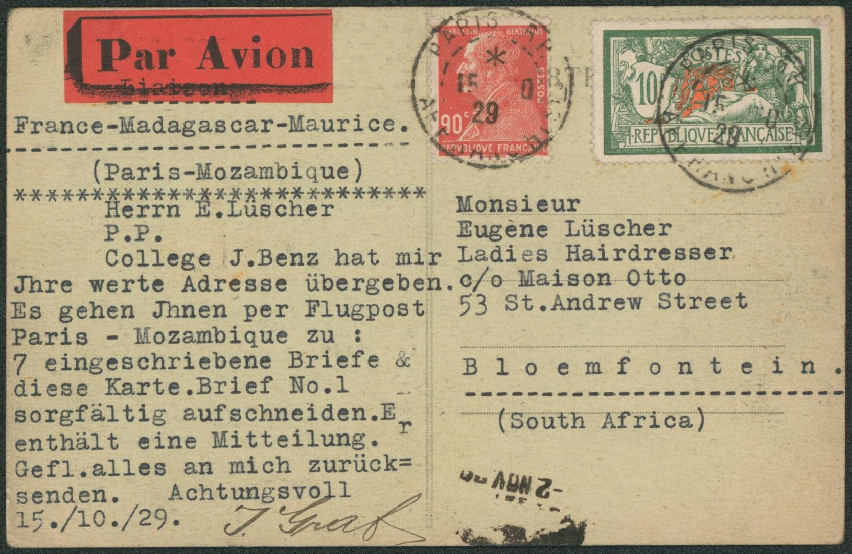 France - Affranch. Mixte sur CP par avion (liaison France-Madagascar-Maurice) çàd Paris > Bloemfontein (South africa). TB