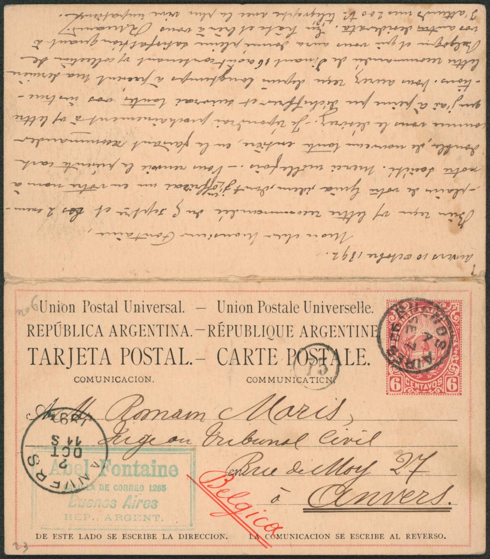 Argentine - Entier double (complet) type 6 centavos rouge de Buenos Aires > Anvers (Belgique), réponse expédiée en recommandé de Anvers + n°48 > Buenos Aires (Argentine). Rarissime !