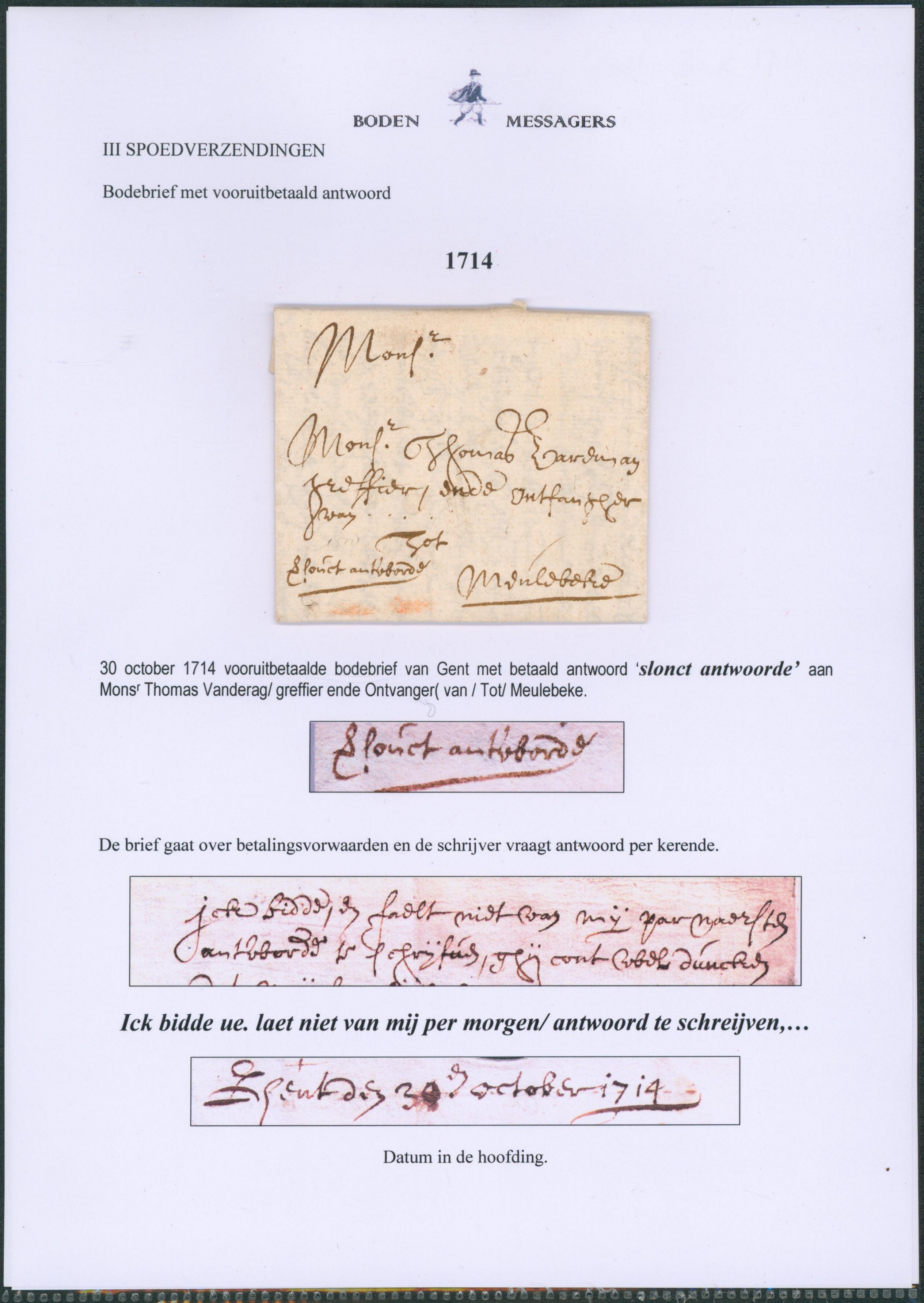 LAC datée (1714) expédié par messager / Boden de Gent + réponse payée (met vooruitbetaald antwoord) > Meulebeke.