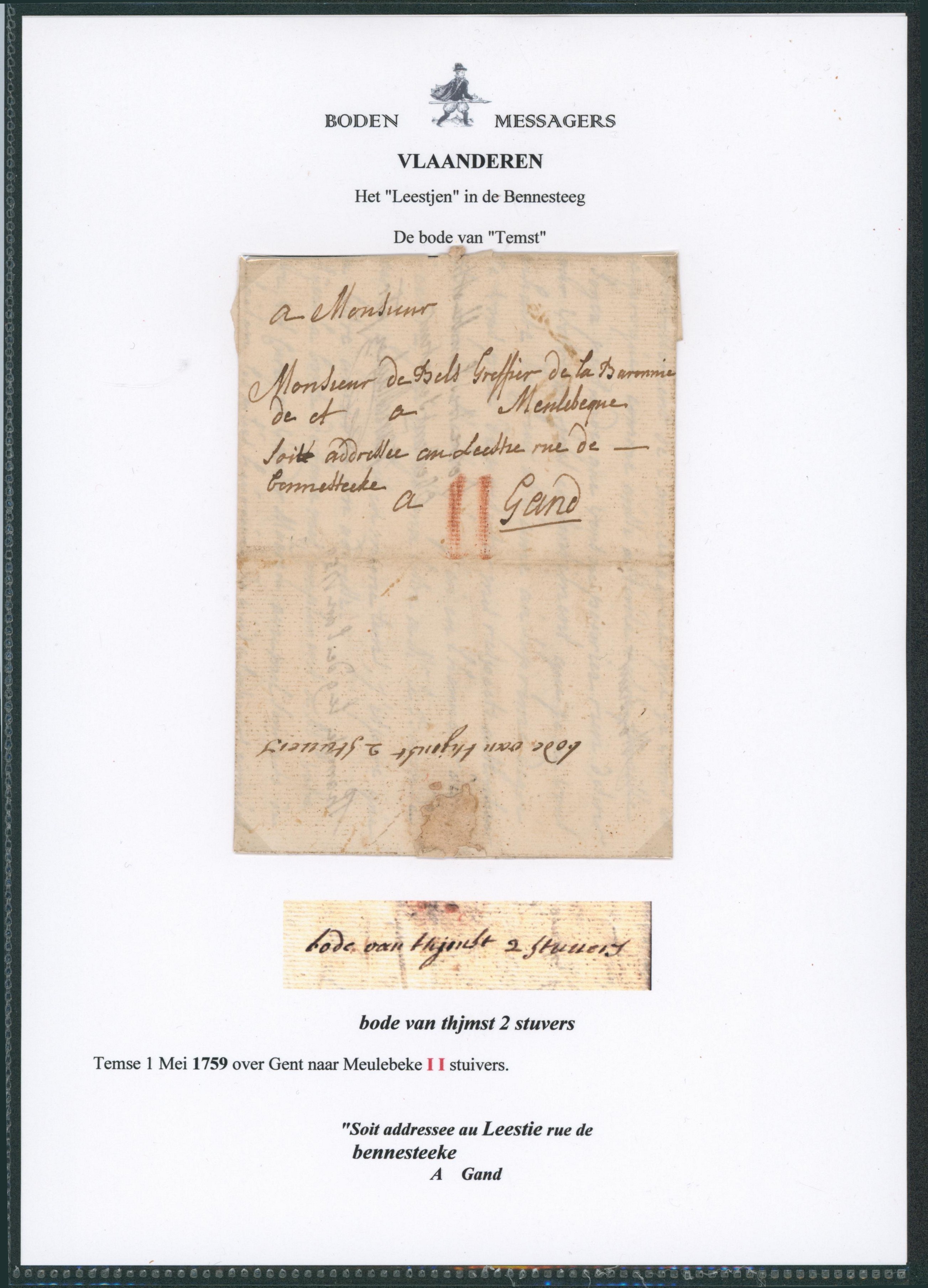 LAC datée (1759) Temse via Gent> Meulebeke. Port II Stuyvers + Manuscrit "De Bode van thjmst 2 stuyvers" (Bode, Messager)