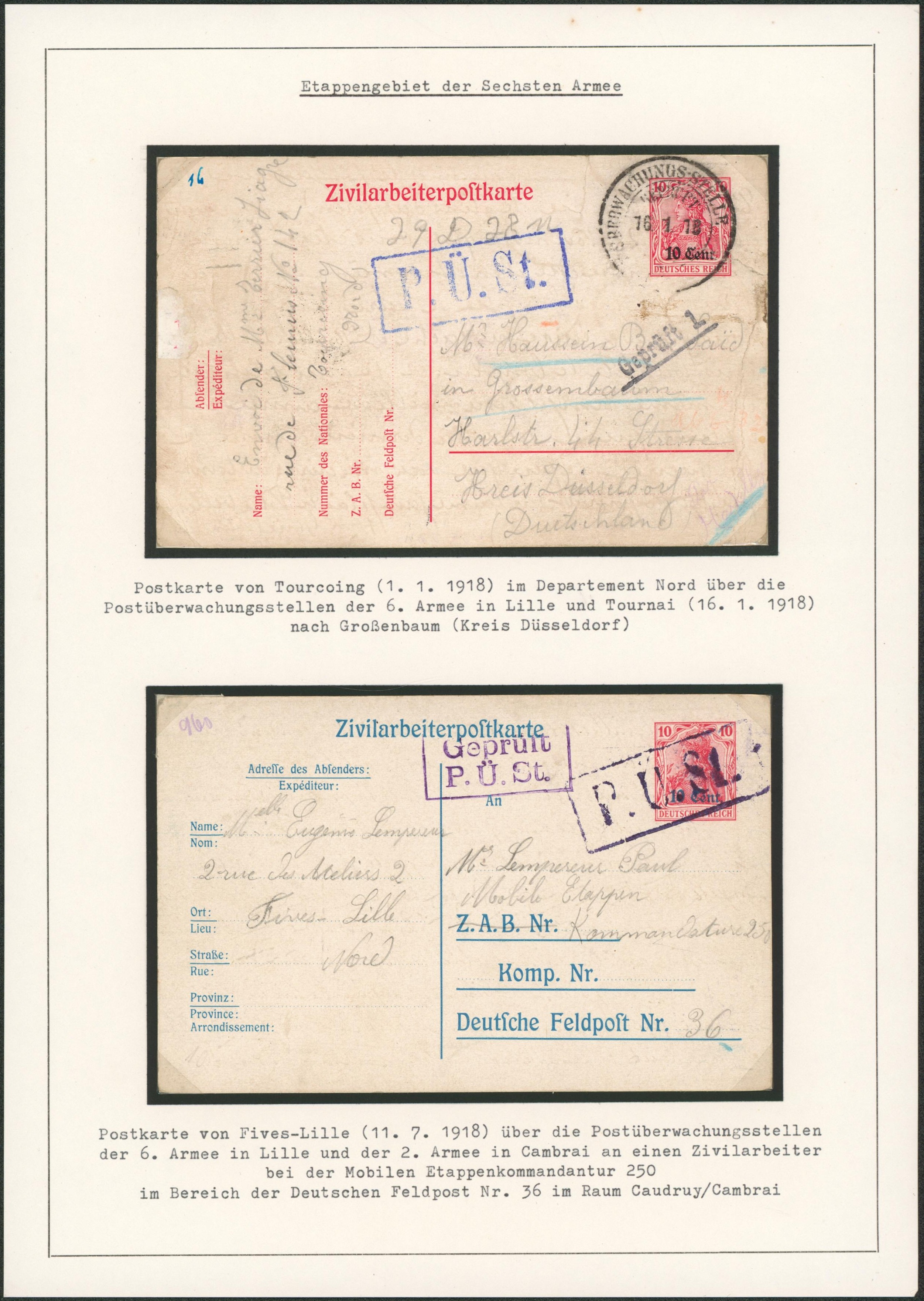 Page de collection - ensemble de 2 EP Zivilarbeiterpostkarte de Tourcoing & Fives-Lille (1918) + griffe P.U. St. > Grobenbaum et Etappen Kommandantur 250 Nr 36 (Caudruy, Cambrai).