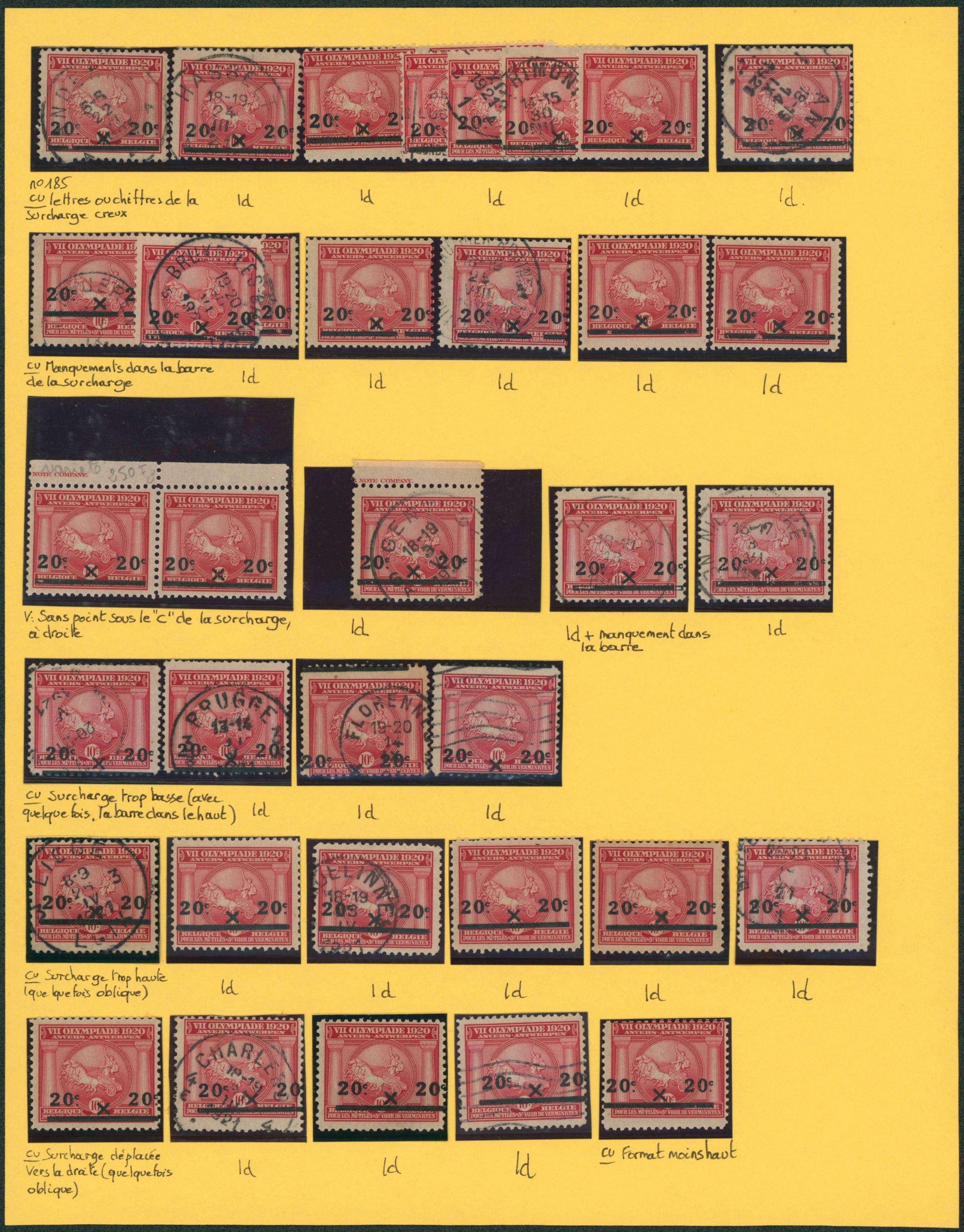 Page de collection - Jeux olympiques d'anvers (J.O.) n°185 x56 exemplaires (+) avec étude de variété, curiosité (Luppi). Bel ensemble, à voir !